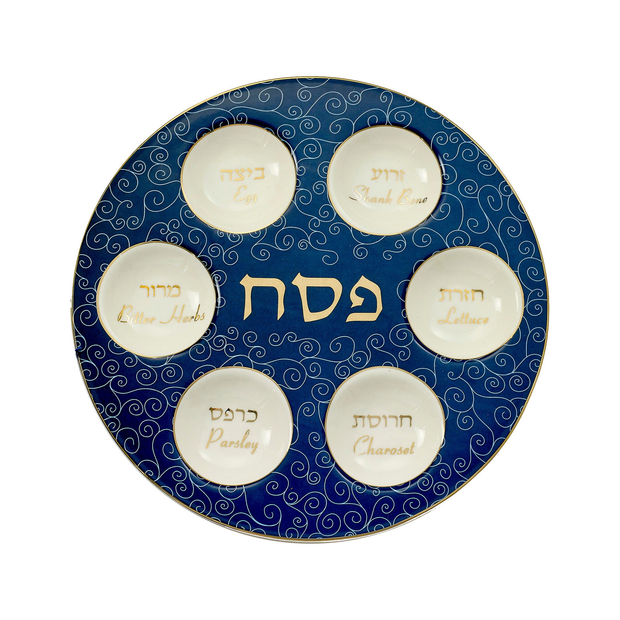 Seder Plate-Blue/White w/Gold Accents