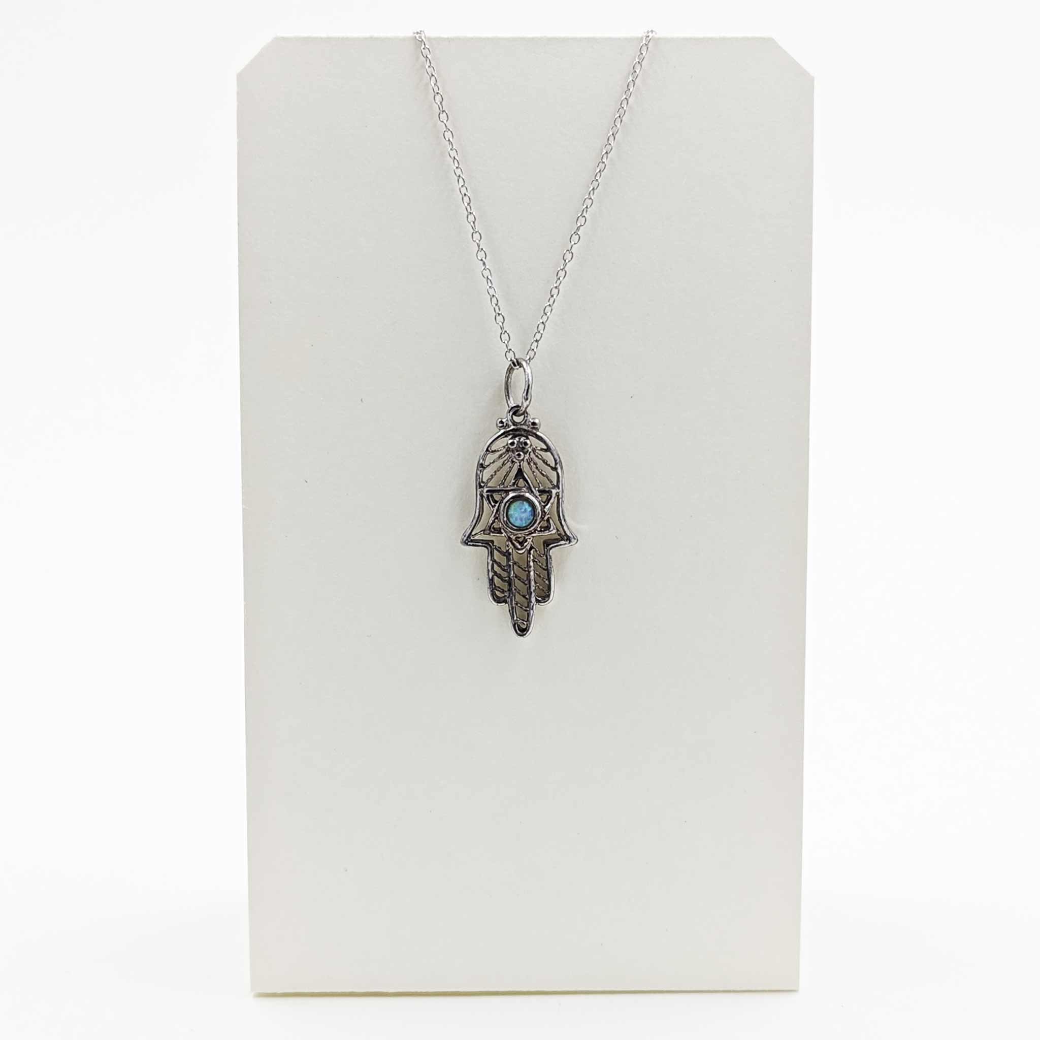 Necklace-Filigree Hamsa w/Magen David and Turquoise Stone-Sterling Silver