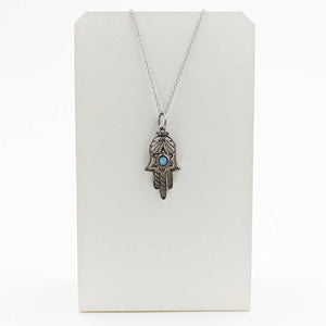 Necklace-Filigree Hamsa w/Magen David and Turquoise Stone-Sterling Silver