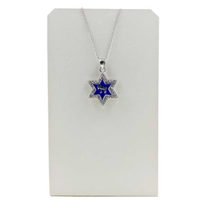 Necklace-Blue Magen David w/Chai & CZ- Sterling Silver