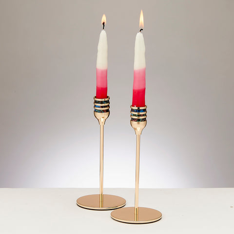 Goldtone Candlesticks- w/Colourful Inlay-Set of 2