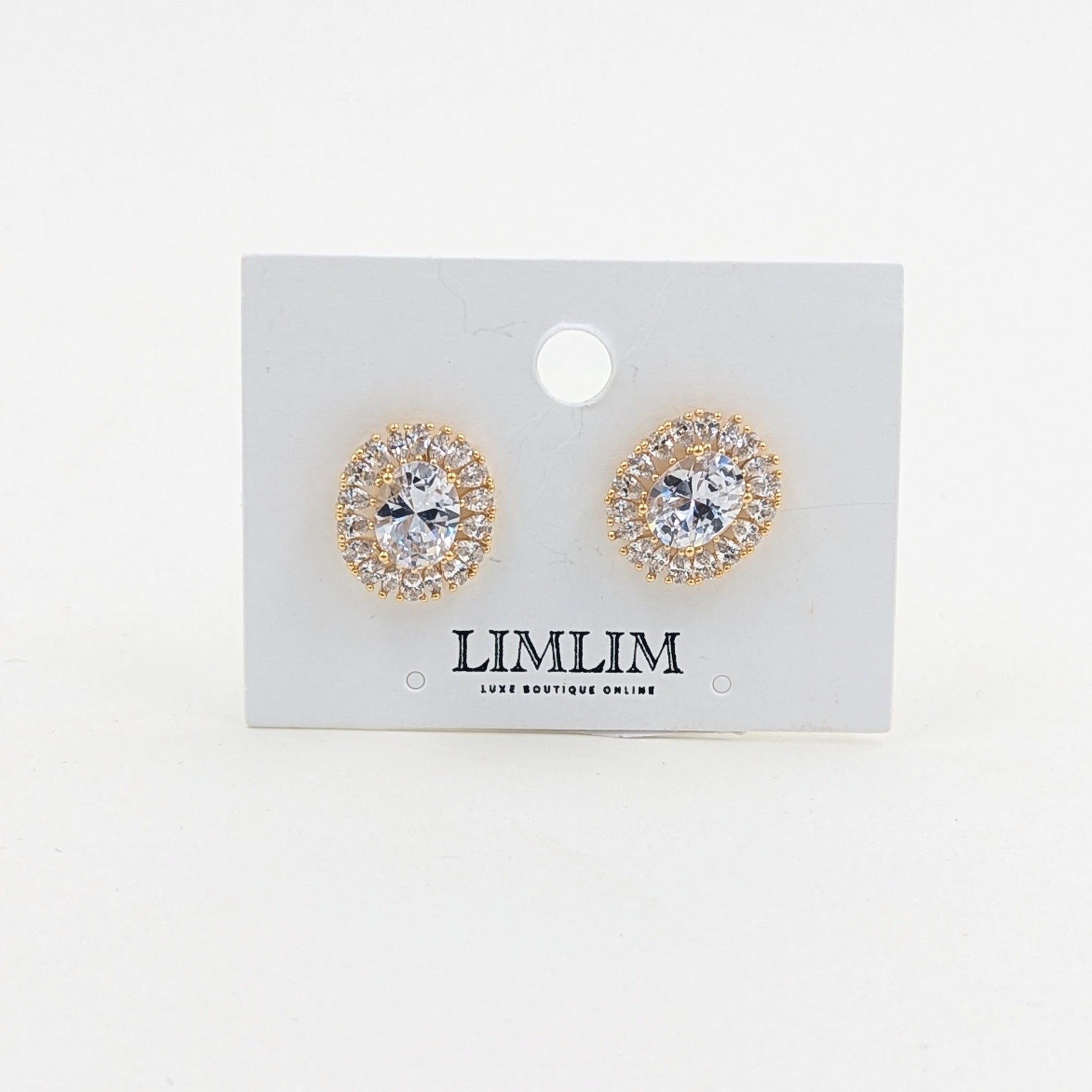 Earrings-Oval Studs w/Clear Swarovski Crystals-Gold Plated Sterling Silver