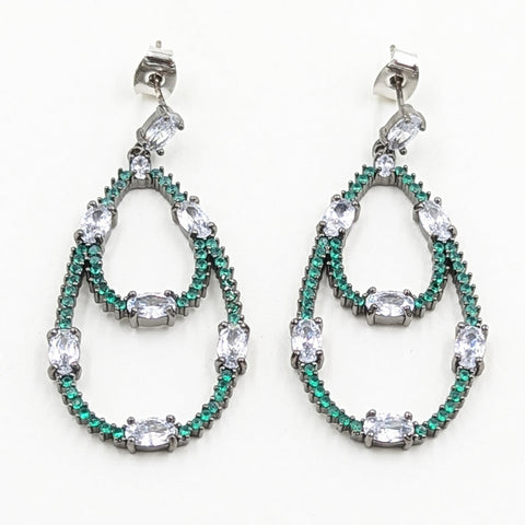 Earrings-Double Ovals w/Green Stones &CZ-Sterling Silver