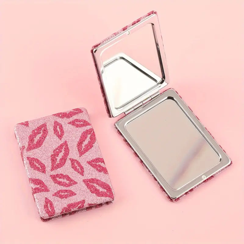 Compact Mirror-Pink Glitter Rectangle