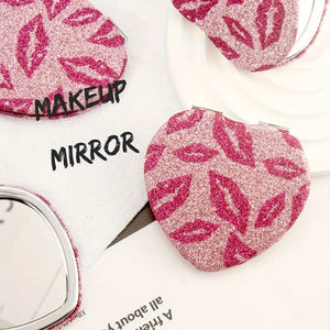 Compact Mirror-Lip Pattern Glitter Heart Shape