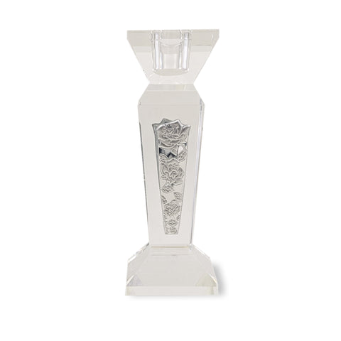 Glass Candlestick w/Silver Flowers