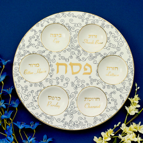 Seder Plate-White/Blue w/Gold Accents
