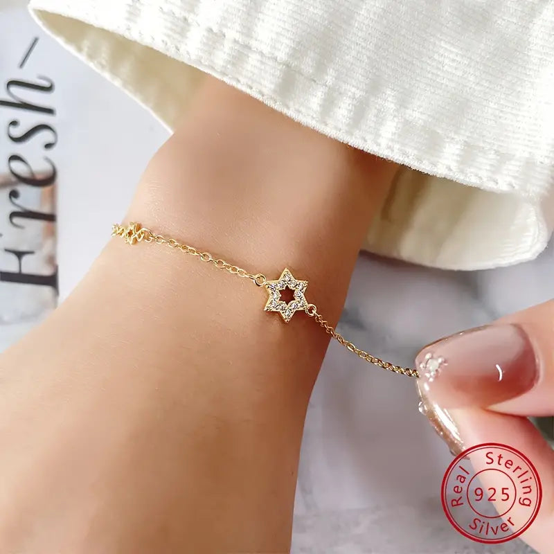 Bracelet w/Tiny Magen David & CZ-Sterling Silver Gold Plated