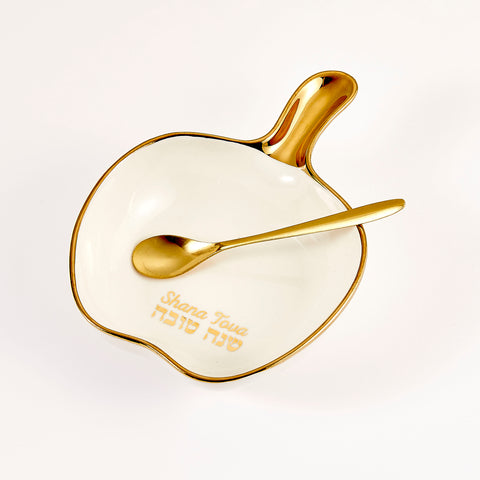Apple Shape Honey Dish w/Spoon-Ceramic w/Gold Accents