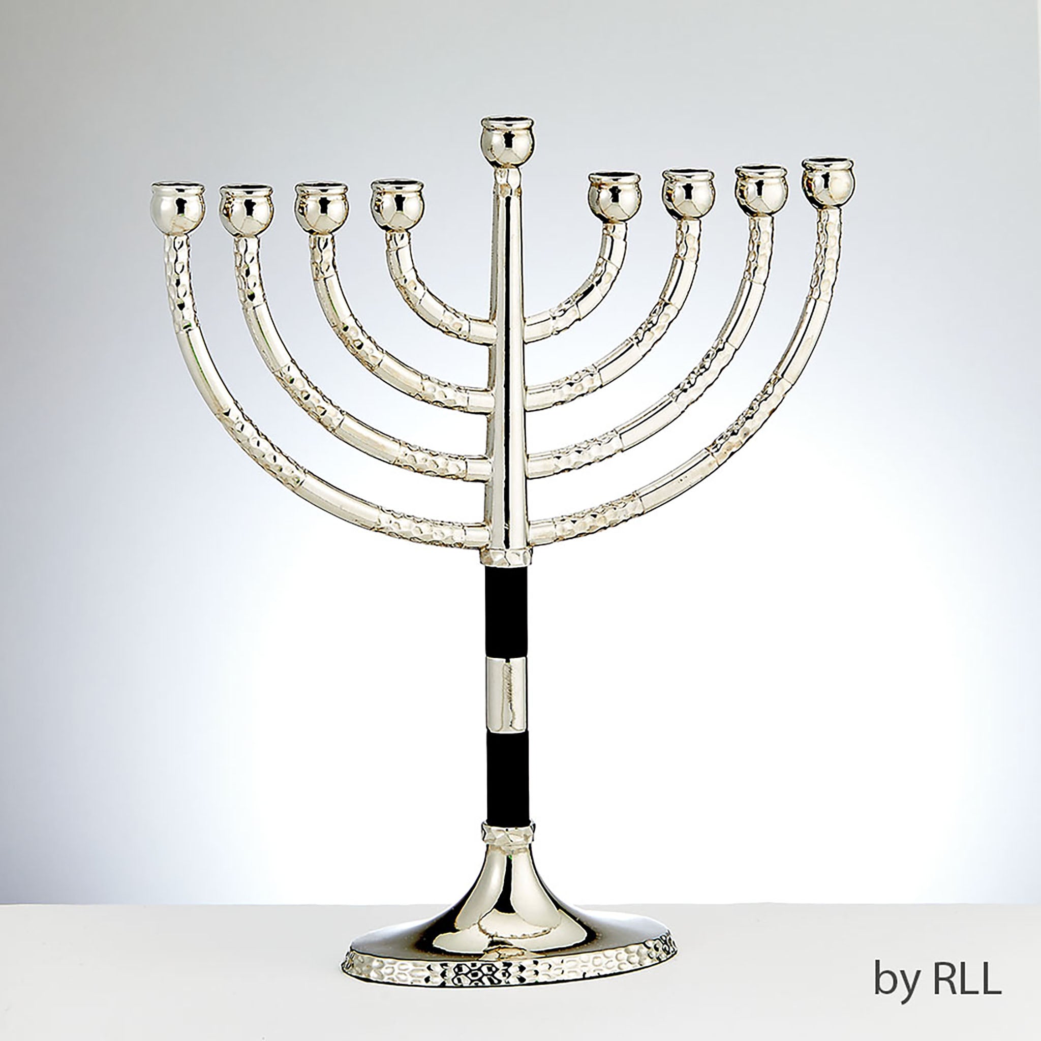 Classic menorah with hammered accents with black & silver tones