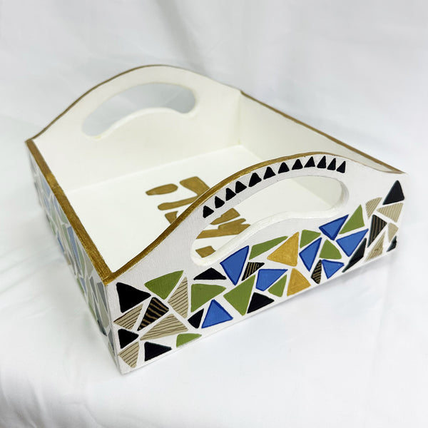 Matzah Tray with Handles- Blue/Gold Mosaic Design