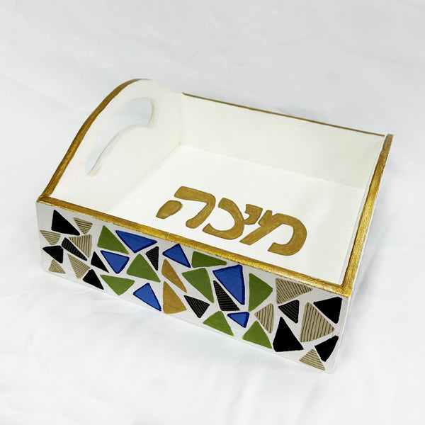 Matzah Tray with Handles- Blue/Gold Mosaic Design
