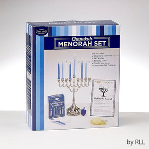 Chanukah Set- Menorah, Candles, Dreidel & Gelt